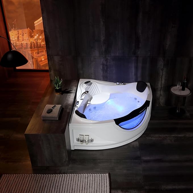 Empava 2 Person Whirlpool Bathtub,Corner Jetted Bathtub with Heater,Corner Jetted Tub with Light,Spa Bath tub with 10 Jets,Hydro Massage Tub with Chromatherapy,ETL Certified