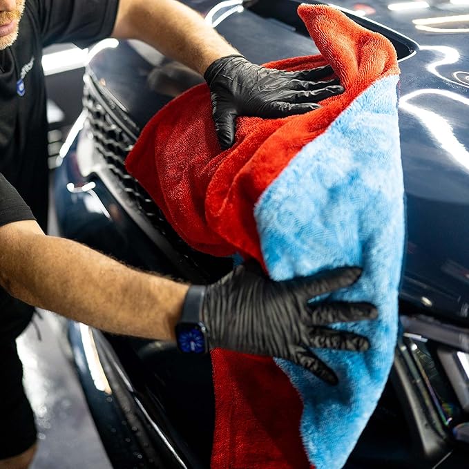 Autofiber [Dreadnought Max] Triple Layer Microfiber Car Drying Towel | Twist Pile | 1400GSM | 1 Pack (20"x30", Blue/Red)