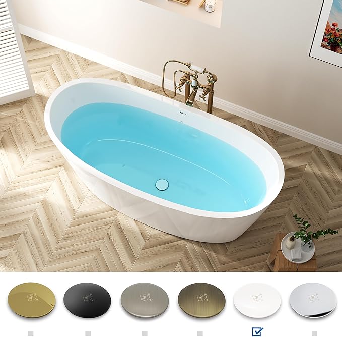FerdY Naha Elite 59" Acrylic Freestanding Bathtub, Curve Edge Freestanding Soaking Bathtub, Glossy White, cUPC Certified, Polished White Drain & Minimalist Linear Design Overflow Included