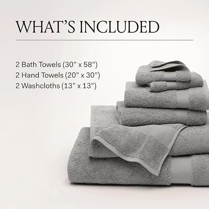 BOLL & BRANCH Plush Bath Towel Set - Mineral - 6 Piece - Includes 2 Bath Towels, 2 Hand Towels & 2 Washcloths - 100% Organic Cotton - Ultra Soft & Luxurious - Quick Absorbing