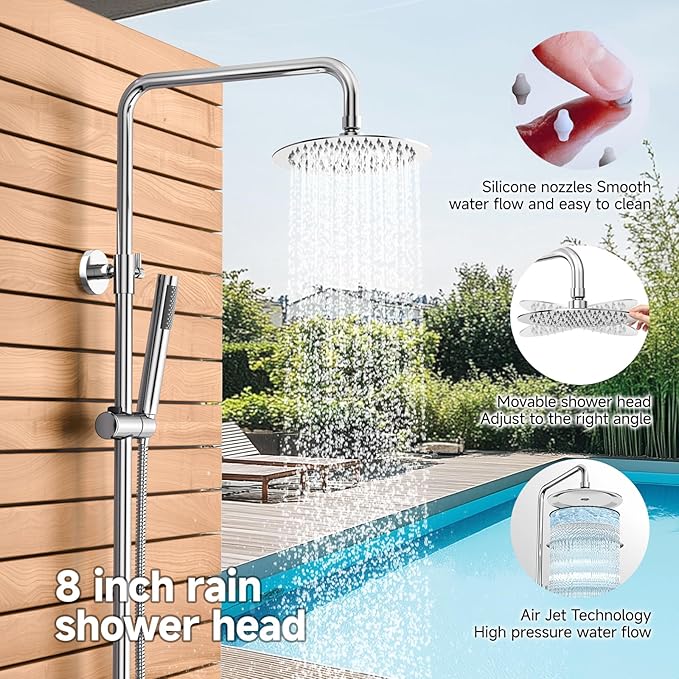 Rainsworth Outdoor Shower Kit Chrom - Single Handle Brass Valve, 8 Inch Rain Shower Head and Handheld Spray Shower Fixture Combo, 304 Stainless Steel Wall Mount