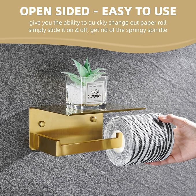 Angle Simple Toilet Paper Holder with Shelf, 304 Stainless Steel Bathroom Tissue Roll Holder for Wall, Brassy Gold