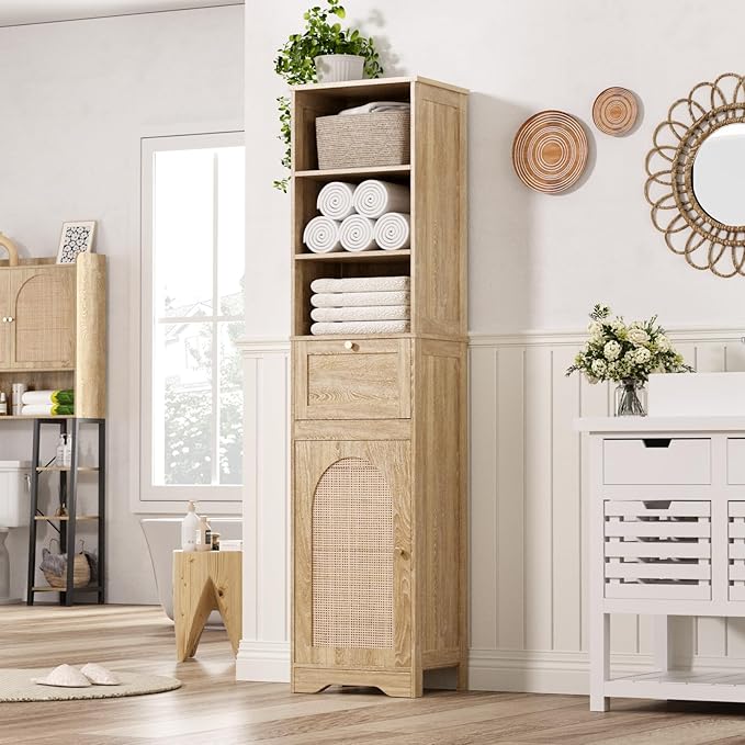 67" H Natural Bathroom Storage Cabinet with Rattan Doors and Slide Storage, Tall Narrow Freestanding Tower Cabinets with Adjustable Shelves for Kitchen, Living Room, Dining Room