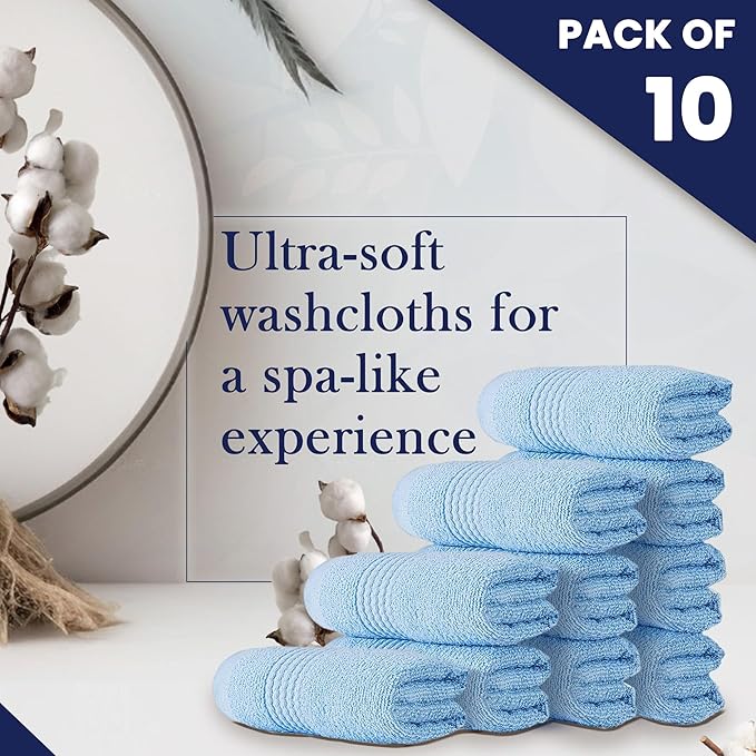 HALLEY Turkish Cotton Towels (Pack of 10) Washcloths Super Soft Highly Absorbent 100% Cotton Fingertip Towels for Bathroom and Kitchen for Mother’s Day (Powder Blue)