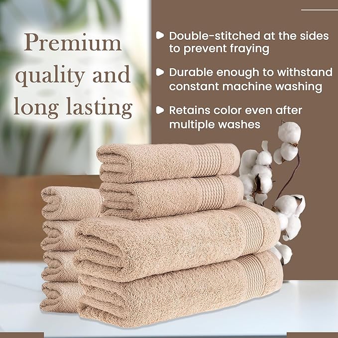 HALLEY Turkish Cotton Towels (Set of 8) 2 Bath Towels 2 Hand Towels 4 Washcloths, Super Soft Highly Absorbent 100% Cotton Towels for Bathroom and Kitchen for Mother’s Day (Tan)