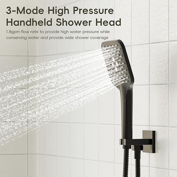 Gabrylly Shower System, 10 Inches Rain Shower Heads with Handheld Spray Combo, Wall Mounted Shower Faucets Sets Complete with Shower Valve Kit, Shower Head and Handle Set, Matte Black