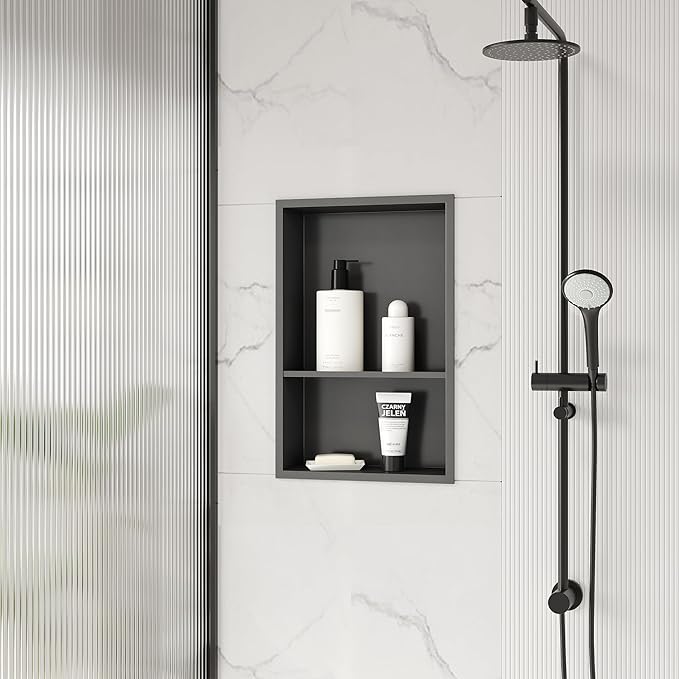 Stainless Steel Shower Niche 18" X 12", No Tile Needed Wall Niche Double Shelves, Recessed Niche Shower for Bathroom Storage, Gun Metal