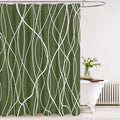 Tititex Morden140gms Faux Linen Fabric Bath Shower Curtain Set Textured Fabric with Olive White Curve Pattern 72x72 Inch Water Resistant Bathroom Curtains, Weighted Hem & Hooks for Hotel/Home
