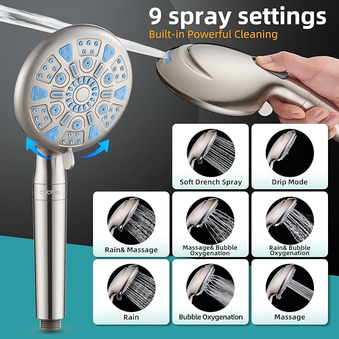 Cobbe 12 Inch All Metal 3-Way Rain Shower Head, High Pressure Shower Head, Dual Shower Heads with Handheld Spray Combo - 9 Spray Filtered Shower Head, Brushed Nickel