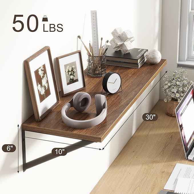 10 Inch Deep Floating Shelves, Walnut Floating Shelves 30 Inch Long, Rustic Wood Wall Shelves 30"W x 10"D, Deep Floating Shelf with Bracket, Wide Storage Shelves for Books, Living Room, Bathroom