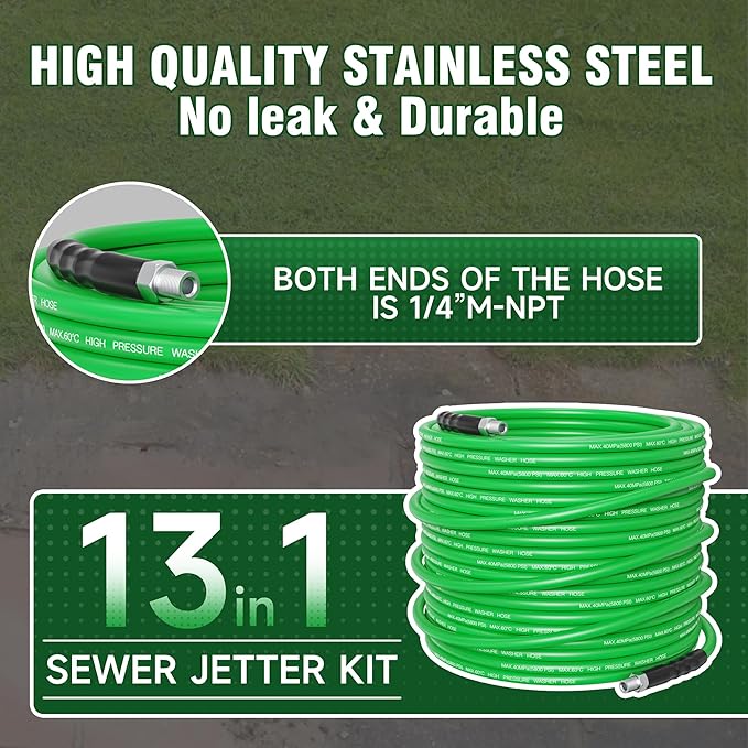 Sewer Jetter Kit for Pressure Washer 50FT – 5800PSI High-Pressure Drain Cleaner, M22 & 1/4'' NPT Universal Fit, Unclog Gutters & Sewer Lines, Durable Jetter Hose for Homeowners & DIYers