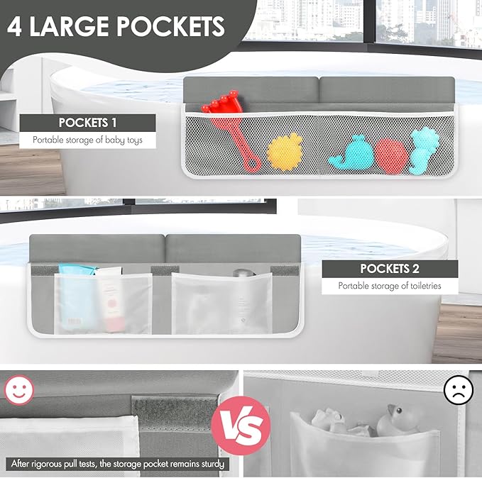 Bath Kneeler and Elbow Rest Pad Set - 2 inch Comfortable Thick Baby Bath Kneeler Pads, with Toy Organizer Pockets - Quick Drying, Foldable, Non-Slip for Baby and Toddler Bathing (Grey)
