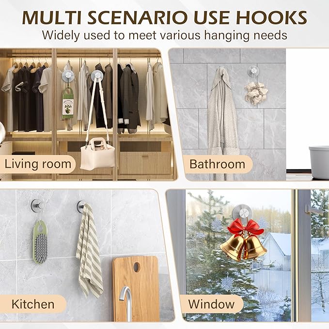 Shower Suction Cup Hooks, Heavy Duty Bathroom Wall Hooks for Towels, Robes, Loofahs, Removable Metal Hook for Tile Glass Mirror, No Drill(4 Pack, Silver)
