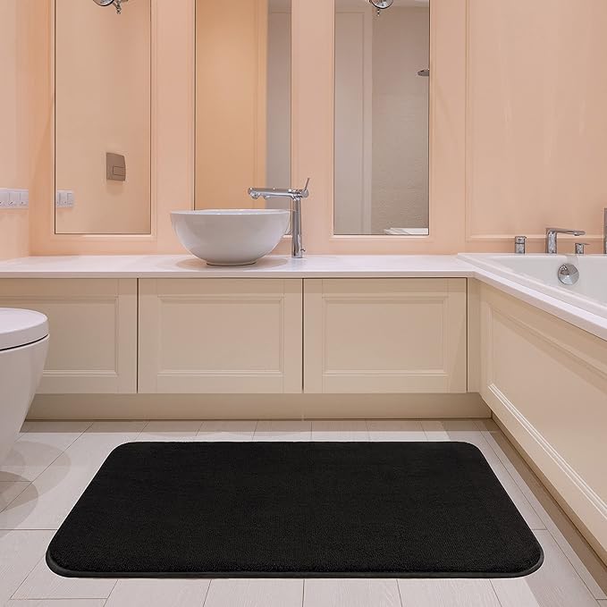 American Soft Linen 21x32 Fluffy Foamed Slip Reducer Bath Rug, Machine Washable Area Bath Mat Rugs for Bathroom, Black