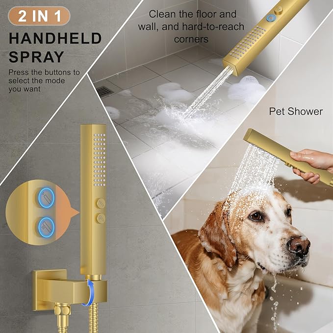 Shower Faucet Set, Wall Mounted Rainfall Shower System 12"+ 6" Dual Shower Head Sets with 2 in 1 Handheld Spray with Rough-in Valve and Shower Trim Kit, Brushed Gold