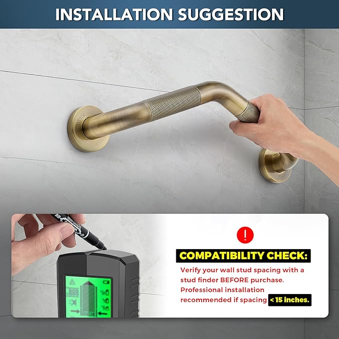 Grab Bars for Bathtubs and Showers- 1-1/4 x 16 Angled Shower Grab Bar for Seniors Knurled Stainless Steel Handicap Grab Bars for Wall (Antique Bronze, 1 Pack)