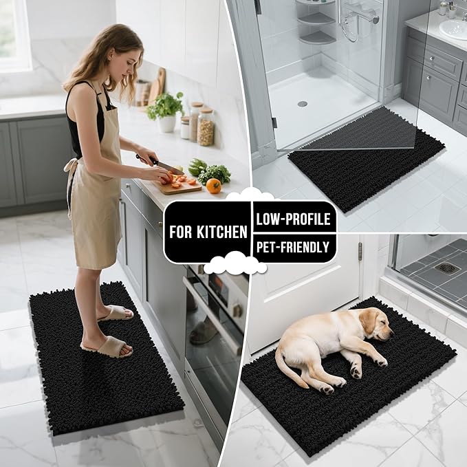 Yimobra Bathroom Runner Rug 55x24 Inch - Extra Long Non Slip Chenille Bath Mat, Soft & Absorbent, Machine Washable Shaggy Hallway Carpet for Vanity Tub Shower, Black Home Decor Accessories