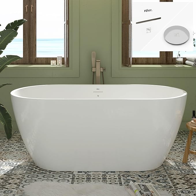 FerdY 59" Bali Elite Acrylic Freestanding Bathtub, Gracefully Shaped Freestanding Soaking Bathtub, cUPC Certified, Toe-Tap Chrome Drain and Minimalist Linear Design Overflow Included