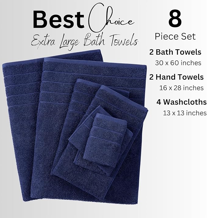 Casa Platino 100% Cotton 8 Piece Bath Towel Set - Ring Spun, Quick Dry, Super Soft & Highly Absorbent - 2 Bath, 4 Washcloths, 2 Bathroom Hand Towels - Hotel Quality Bathroom Towel Set - Navy Blue