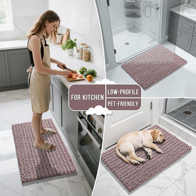 Yimobra Large Bathroom Rugs Non Slip Washable 36x24 Inch - Ultra Soft Absorbent Chenille Bath Mat, Quick Dry Shaggy Floor Carpet for Tub Shower, Mauve Home Decor Accessories
