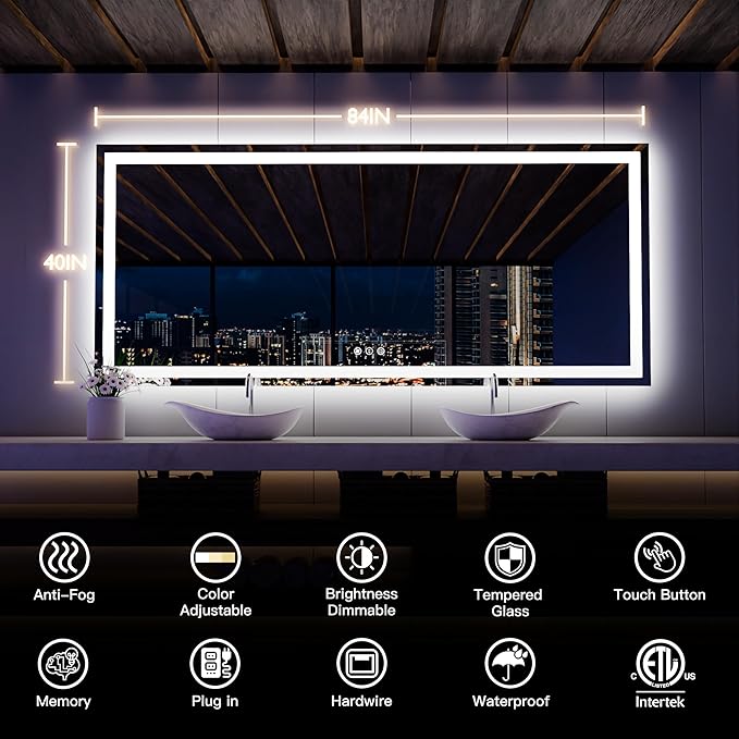 ISKM 84'' x 40'' LED Mirror for Bathroom Lighted Vanity Mirror for Wall Front Lights + Backlit LED Bathroom Mirror Anti-Fog Tempered Glass ETL Listed