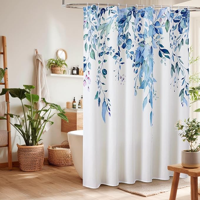 Colorful Star Blue Eucalyptus Waterproof Shower Curtain Set with Hooks, Minimalist Watercolor Floral Print Bathroom Décor, Plant Leaves Washable Fabric Shower Curtain, 72 x 78 Inch