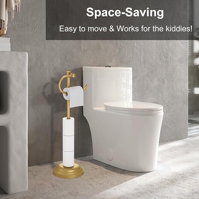 Hoimpro 25" Toilet Paper Roll Tissue Holder Free Standing with Shelf Storage Stand for 4 Rolls, Freestanding Hardware Accessories Rack Brushed Gold