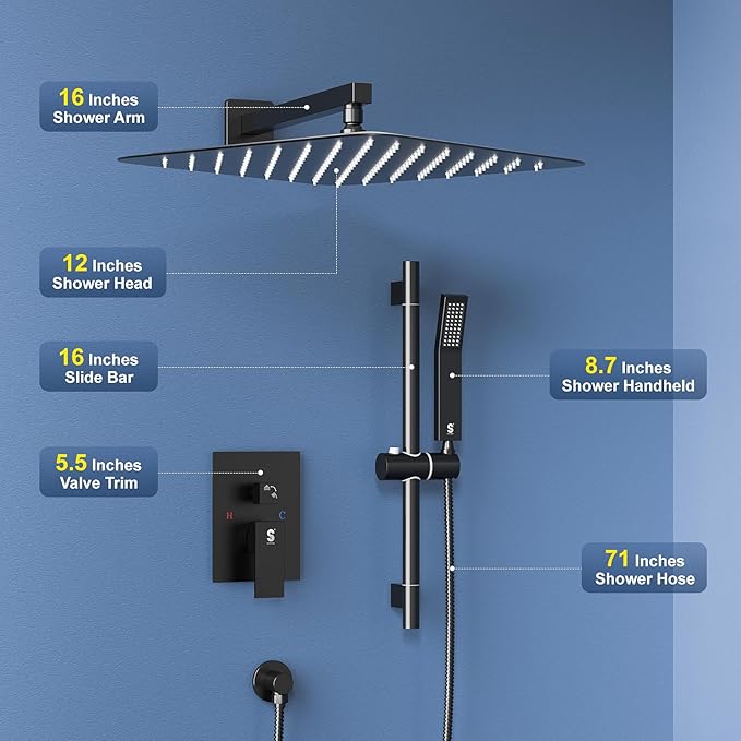 SR SUN RISE 12 Inch Slide Bar Shower Faucet Luxury High Pressure Shower Heads and Handheld Spray Combo Set Wall Mounted Shower System Included Valve and Trim Kit, Matte Black