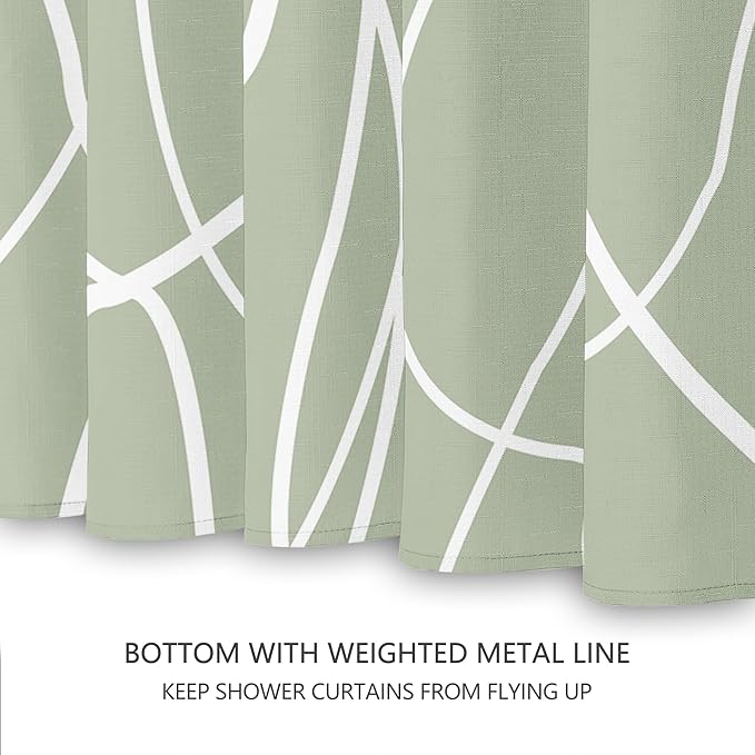 Tititex Morden 140gms Faux Linen Fabric Bath Shower Curtain Set Textured Fabric with Sage White Curve Pattern 72x72 Inch Water Resistant Bathroom Curtains, Weighted Hem & Hooks for Home/Hotel