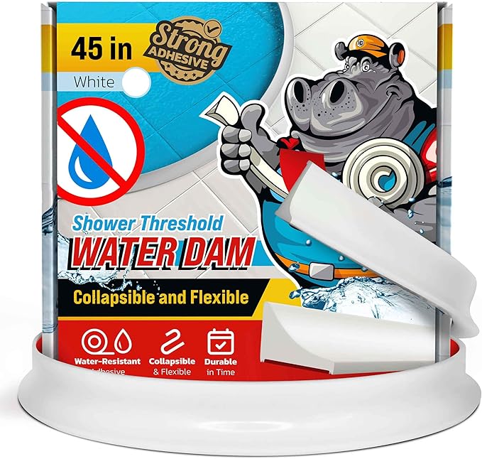 Shower Threshold Water Dam Barrier 45" - White Collapsible Shower Water Blocker - Guard for Walk in Shower - Water Guard Stopper for Floor - Shower Door Water Blocker by Hippo Dam