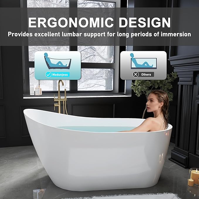 59" High-back Acrylic Freestanding Bathtubs, Stand Alone Tub, Soaking Tubs for Bathroom, Integrated Overflow and Drain, cUPC Certified, Gloss White