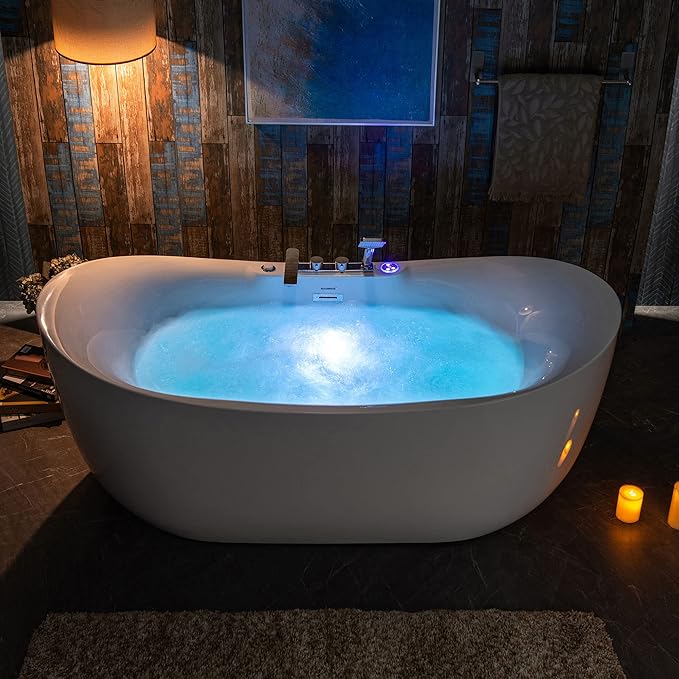 WOODBRIDGE 72" x 35-3/8" Whirlpool Water Jetted and Air Bubble Freestanding Heated Soaking Combination Bathtub wirh LED control panel and Faucet, BJ400+F0041CH