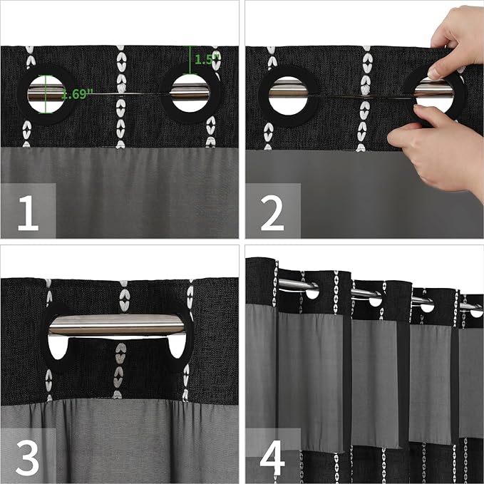 No Hook Long Shower Curtain Set with Snap-in Fabric Liner,Linen Textured Thick Striped Fabric with Tassels,Boho Farmhouse Rustic Luxury Bathroom Curtain,Water-Repellent,Black,71x80