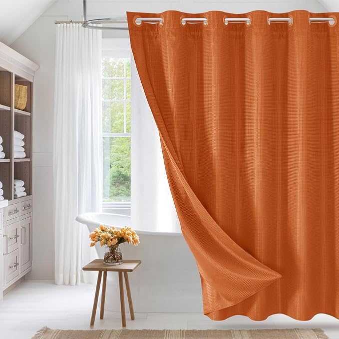 MitoVilla No Hooks Needed Extra Long Shower Curtain Liner Set, Orange 86 inch XL Heavyweight Waffle Fabric Cloth Shower Curtains Set with Snap-in Liner for Modern Luxury Hotel & Spa Bathroom Decor