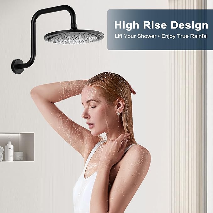 BRIGHT SHOWERS Shower Head Extension Arm 13 Inch S Shaped Gooseneck Shower Riser with Flange, Long Stainless Steel Rainfall Shower Pipe Arm Extender and Shower Neck Replacement, Matte Black