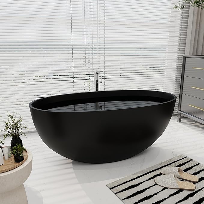 SJ STAR&JANE 55" Solid Surface Freestanding Bathtub, Stone Resin Oval Soaking Tub Matte Black Stand Alone Tub with Overflow and Pop-up Drain for Bathroom