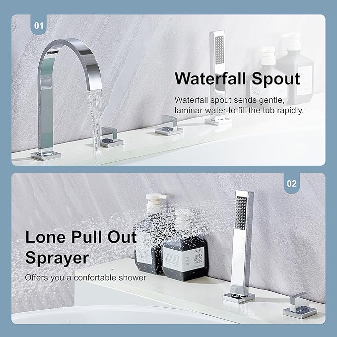 High Arc 5 Hole Roman Tub Filler with Handheld Showerhead Bathroom Widespread Waterfall Bathtub Faucet Set Deck Mounted, Chrome
