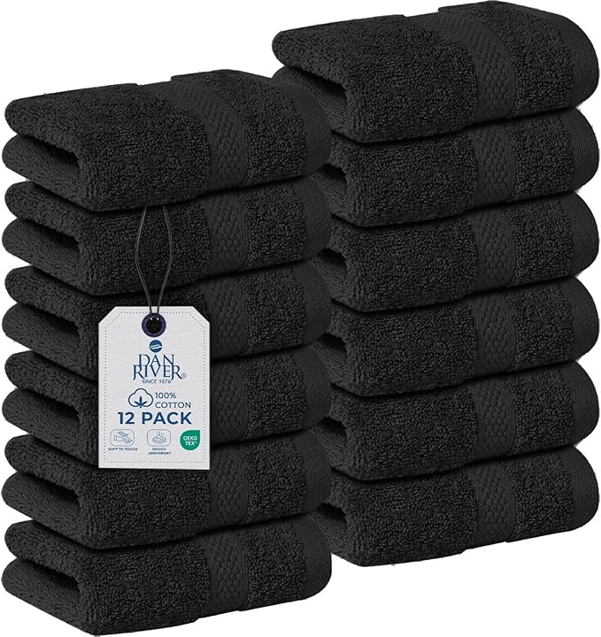 DAN RIVER 12-Pack Premium 100% Cotton Black Face Towels – Reusable Face Towel Set, Soft & Absorbent Rough Wash Cloths for Bathroom & Body – Hand and Face Towels, 550 GSM (12x12 in)