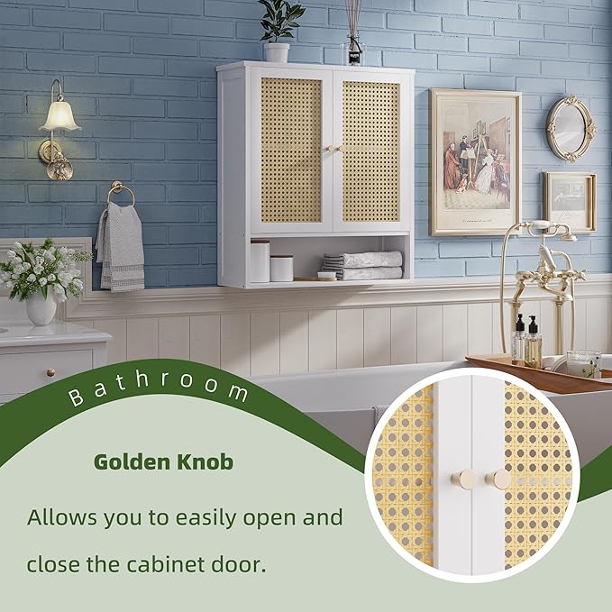 Bathroom Wall Cabinet, Bamboo Over-The-Toilet Storage Organizer with 2 Rattan Doors and Adjustable Shelf, Space Saver Medicine Cabinet for Laundry, Kitchen, Living Room (White)
