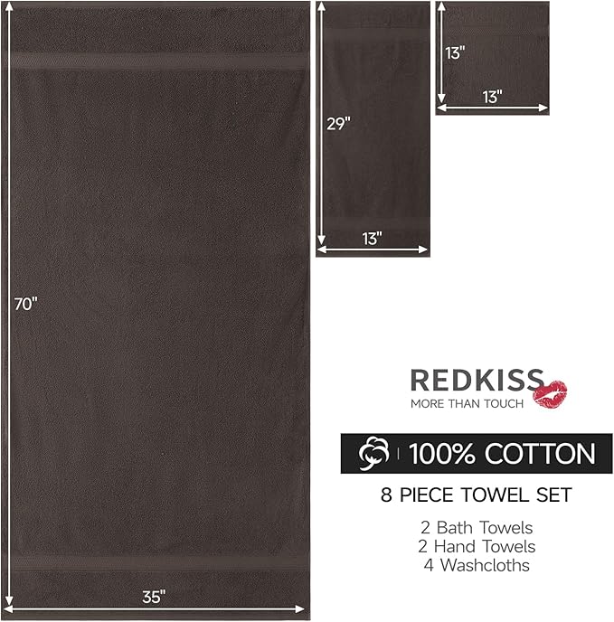 REDKISS Luxury 100% Cotton 8 Piece Bath Towel Sets, 2 Bath Sheets (35x70 in), 2 Hand, 4 Washcloths, Super Absorbent & Quick-Dry Shower Towel for Bathroom Spa Gym Hotel Yoga - Brown