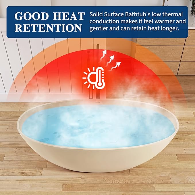 Stone Resin Freestanding Bathtub 65", Elegant Oval Shape Soaking Tub, Solid Surface Stand Alone Bathtub with Drain & Integrated Slotted Overflow AMFS303-1650 milky coffee