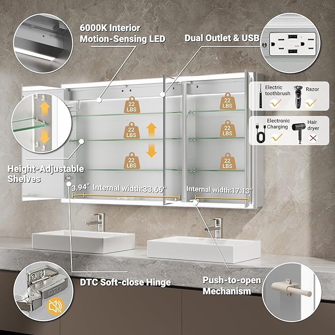 54x30 Beveled Lighted Medicine Cabinet with Mirror & Lights, Surface or Recessed Mirrored Medicine Cabinet with Outlet & Clock, Anti-Fog Dimmable LED Storage Cabinet, Built-in Sensor Light