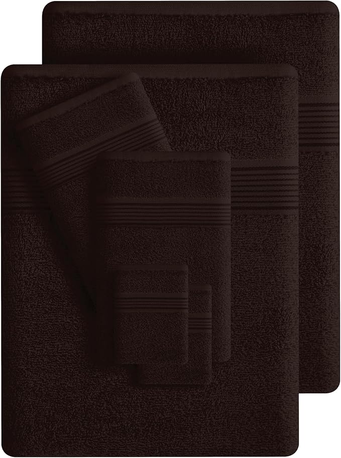 Belizzi Home 100% Cotton Towel Set, Contains 6 Bath Towel, 6 Hand Towel, 12 Wash Cloth - Compact Absorbent Lightweight & Quickdry Towels for Bathroom - 24 Piece Bathroom Towel Set - Chocolate Brown
