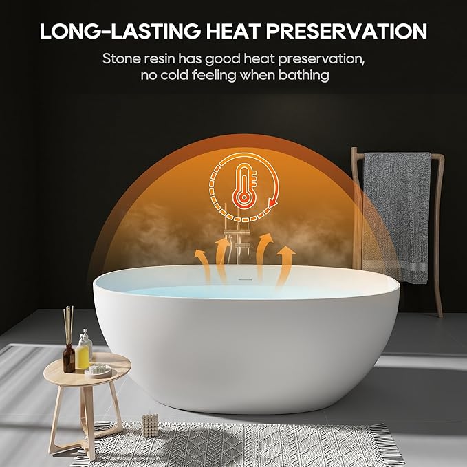 SJ STAR&JANE 59" Freestanding Solid Surface Bathtub, Oval Stone Resin Soaking Tub Stand Alone Tub with Pop-up Drain & Overflow Matte White