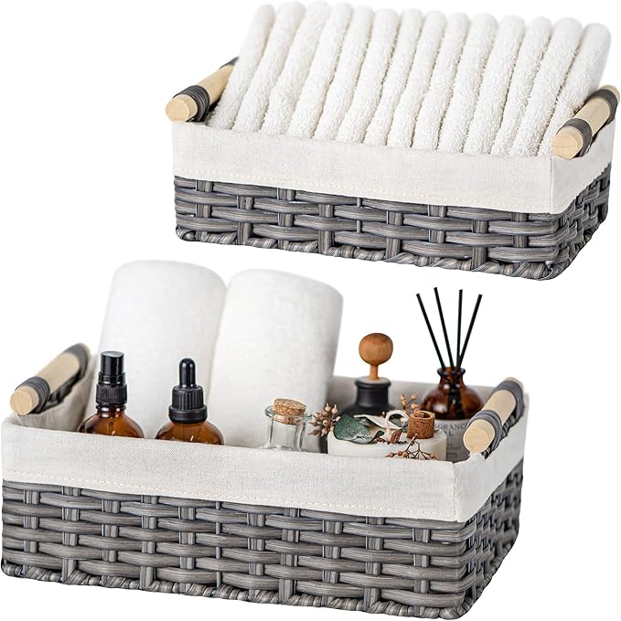 GRANNY SAYS Gray Wicker Baskets, Decorative Baskets for Shelves, Basket Organizer with Handles, Small Wicker Baskets for Organizing, Toilet Paper Baskets for Organizing, Set of 2