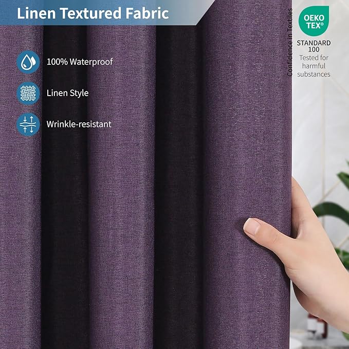 2-in-1 Waterproof Fabric Shower Curtain or Liner,Linen Textured,Breathable TPU & Washable Bathroom Shower Curtain Set with 12 Plastic Hooks,Modern,72"x72" Purple