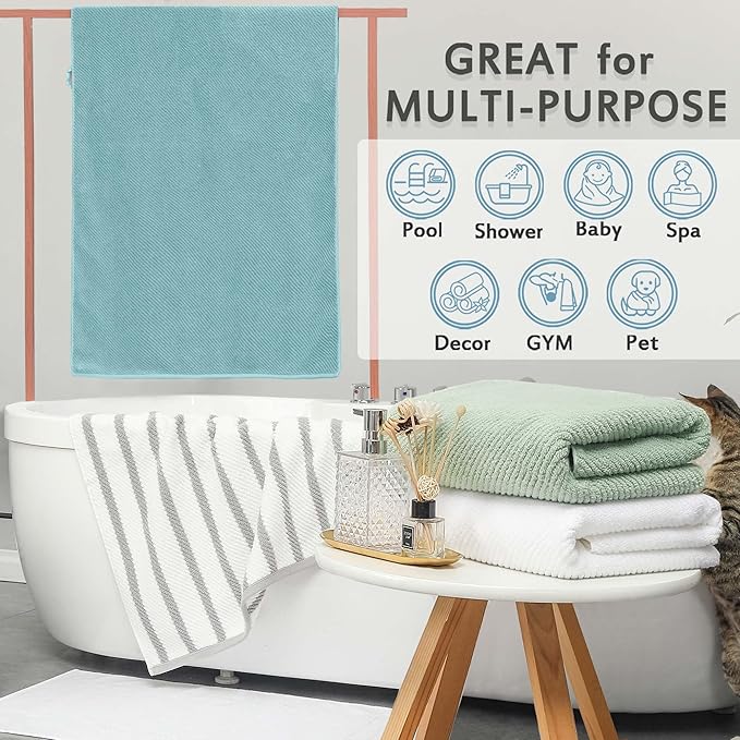 Grey and White Bath Towels (4PC, Large 30"x56") - Cotton | Hotel Quality | Lightweight | Thick | Soft | Absorb, Striped Towels for Bathroom, Quick Dry Towel for Shower, Gray and White Stripe