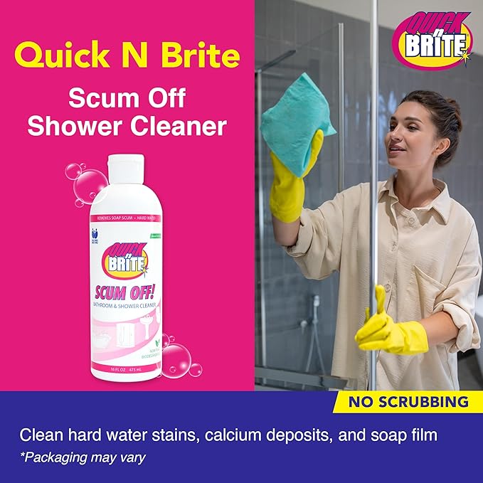 Quick 'n Brite Scum Off Shower Cleaner - No Scrub, No Harsh Chemical Daily Shower Cleaner, Multi-Surface All-Purpose Cleaner 16 Oz - Pack of 2 (Packaging May Vary)