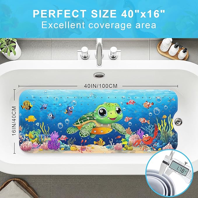 Upgrade Cartoon Baby Bath Mat Non Slip - 40"x16" Extra Long Bathtub Mat for Baby Eco Friendly Durable Bath Mat for Tub Non Slip Kids Tub Mat with Suction Cups, Machine Washable and No Fading, Turtle