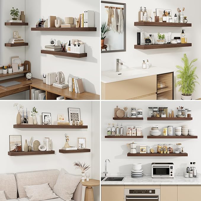 fuqing Floating Shelves for Wall, Wall Mounted Wood Floating Shelf with Invisible Brackets for Living Room, Bathroom, Bedroom, Kitchen Storage and Decor, 6.5 Inch Set of 3, Walnut